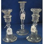 Pair of cut lead crystal glass opaque twist candlesticks with facet and star cut decoration,