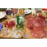 Tray of assorted cranberry glass to include: wrythen; oil burner shade; baluster jugs;