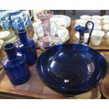 Tray of mainly Bristol Blue type glassware comprising: pedestal fruit bowl;
