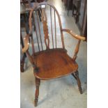 Ash and elm slat and spindle back open arm kitchen farmhouse chair. (B.P. 24% incl.