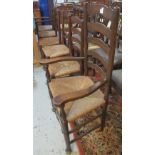 Set of six 20th Century ladder back kitchen or dining chairs with rush seats (4+2) (6) (B.P.