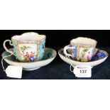 Two similar German porcelain cabinet cups and saucers depicting figures in landscape and flowers,