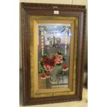 Pair of oak framed, rectangular, bevel plate mirrors with hand painted floral bouquet decoration.