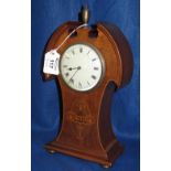 Edwardian inlaid mahogany balloon shaped boudoir clock with white enamel face and French brass drum