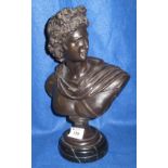 After Bruchen, bronzed bust of a Greco-Roman figure, on veined marble base. Signed to the back.