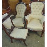 Victorian mahogany button back show frame fireside armchair on cabriole legs and casters.