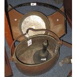 Metal log basket, copper skillet, metal cauldron and brass or bronze hand bell. (4) (B.P. 24% incl.