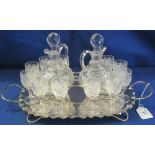 Pretty early century pressed glass liqueur set on silver plated tray stand comprising two small