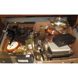 Two trays of assorted items to include: various hardwood stands, picture stands,