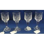 Set of four Welsh Agricultural Society hobnail cut lead crystal small wine glasses with circular