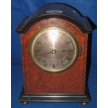 Early 20th Century burr walnut arched topped mantle clock, the case with stung inlaid decoration,