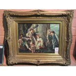Reproduction furnishing picture on panel, figures in an interior. Heavy gilt frame.