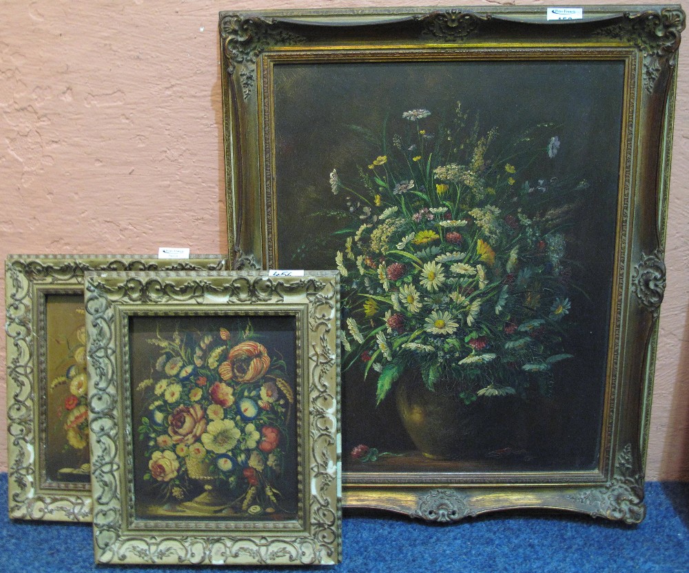 Three 17th Century style still life studies of vases of flowers, oils on board. Framed and glazed.