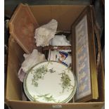 Box of assorted items, various to include: large conch shells, glass bowls, dresser jug,