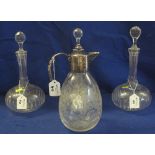 Three similar mallet shaped thumb cut crystal glass decanters with faceted stoppers,