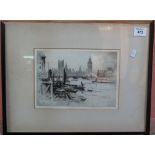 Robertson, the pool of London with houses of Parliament, uncoloured etching, signed in pencil.
