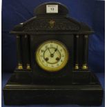 Late Victorian black slate two train architectural mantle clock with enamelled Arabic face and