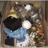 Tray of assorted items to include: a beaten pewter tea service,