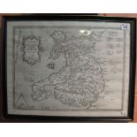 A facsimile copy of Humphrey Lhuyd original map of Wales. Framed and glazed. (B.P. 24% incl.