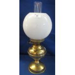 20th Century brass double burner oil lamp with opaque shade and clear chimney. (B.P. 24% incl.