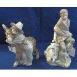 Two items of Lladro porcelain, little Spanish boy with baby donkey and shepherd boy with lamb.