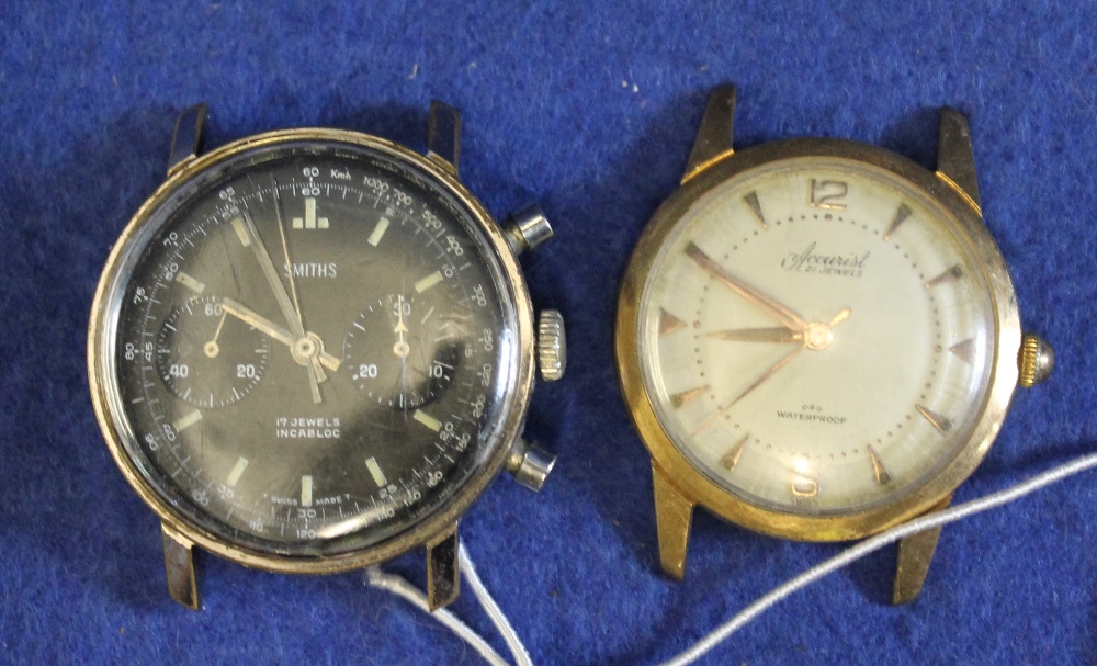 Accurist gold plated 1950s wristwatch head together with Smith's chronograph 1960s wristwatch head.