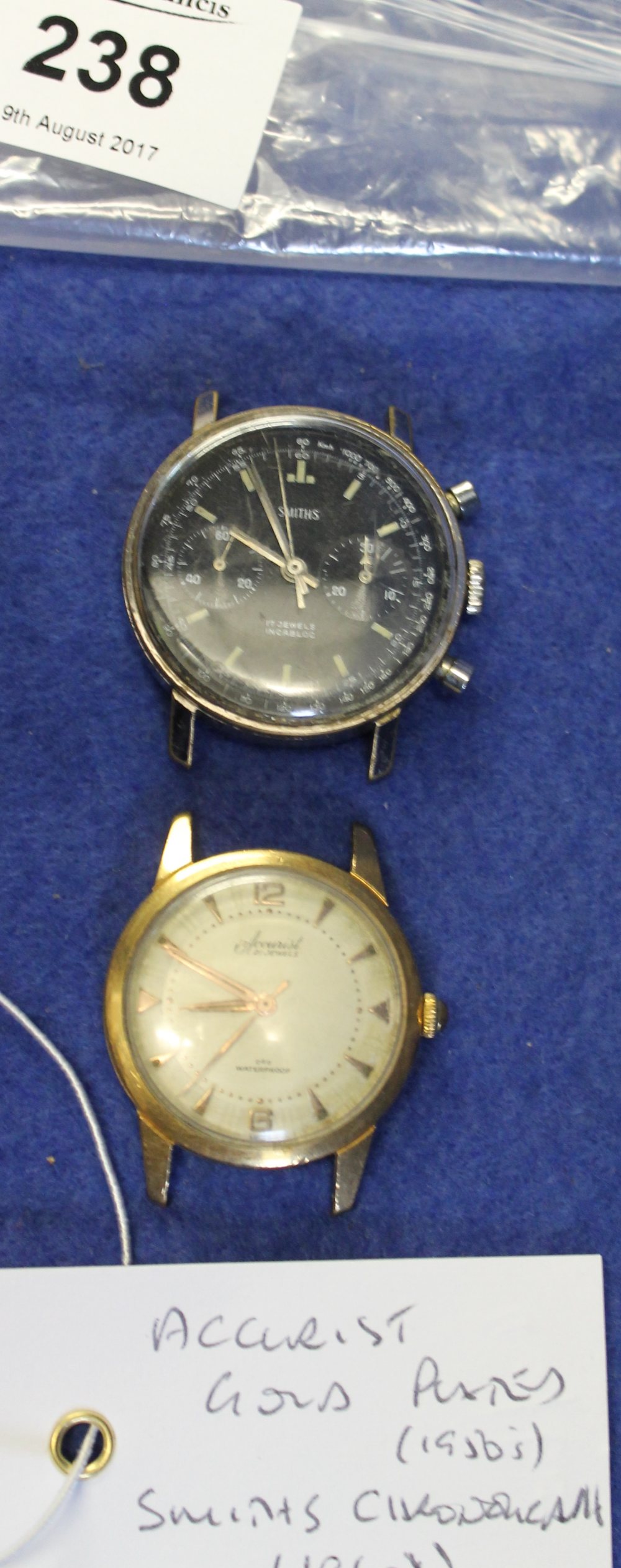 Accurist gold plated 1950s wristwatch head together with Smith's chronograph 1960s wristwatch head. - Image 2 of 2
