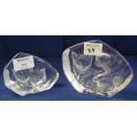 Two similar clear and frosted glass paperweights depicting kittens, etched to base: 'Sweden,