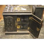 Heavily stained and carved geometric and moulded, two drawer,