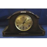 Mid 20th Century oak hat shaped mantel clock, three train movement. (B.P. 24% incl.