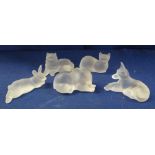 Group of five modern frosted glass animals including: elephant; cat; rabbit, four marked: 'Lennox,