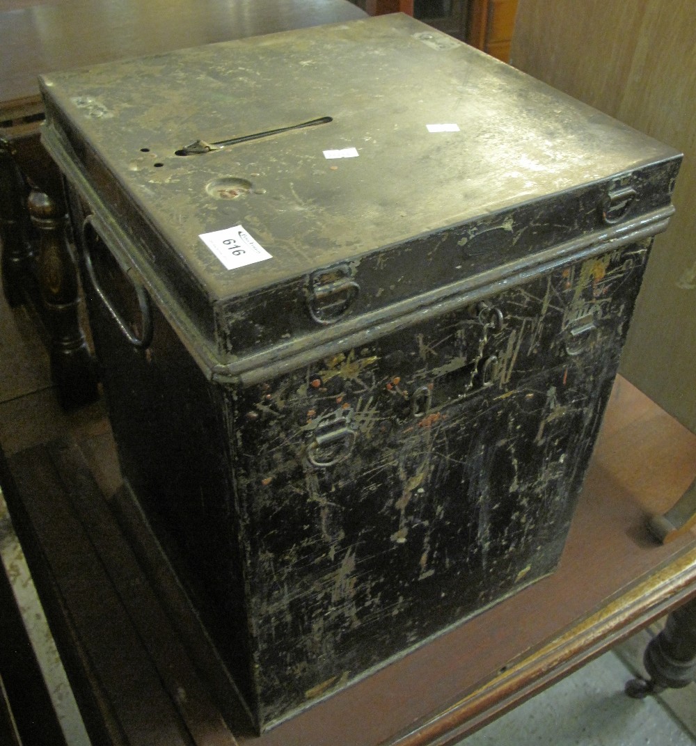 Vintage black japanned enamel metal ballot box, with key and carrying handles. (B.P. 24% incl.