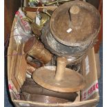 Box of assorted metalware and other items to include: 19th Century warming plates;