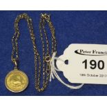 0.1oz gold Krugerrand coin, 1980, on 9ct gold chain, 7.9g approx. (B.P. 24% incl.