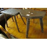 Rustic elm milking stool together with another rustic stained, rectangular stool. (2) (B.P.