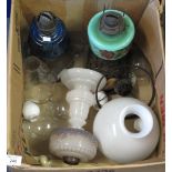 Box of assorted glass to include two early 20th Century oil lamp burners together with various