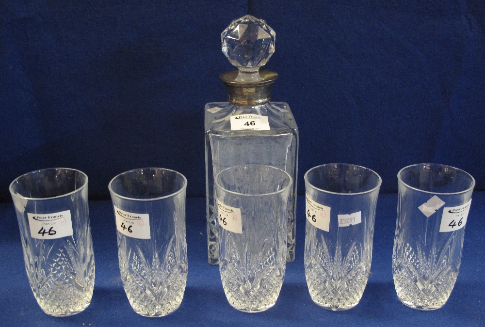 Glass square section decanter with silver collar and stopper,