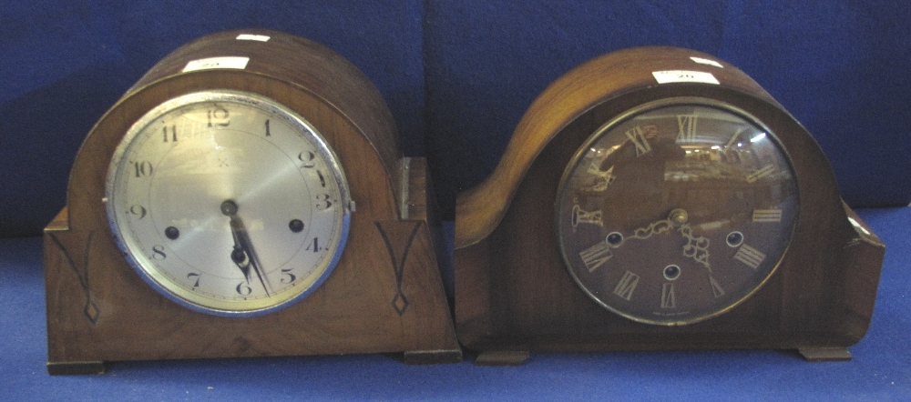 Two similar arch topped mantel clocks, one three train, the other two train. (2) (B.P. 24% incl.