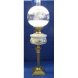 20th Century double burner oil lamp with brass Corinthian column, florally painted reservoir,