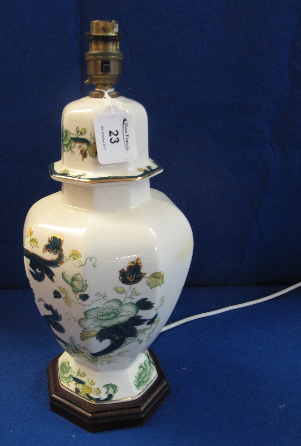 Masons Ironstone octagonal 'Chartreuse' pattern table lamp on wooden base. (B.P. 24% incl.