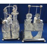 Two EPNS four section square shaped glass cruet stands raised on spherical feet. (2) (B.P. 24% incl.