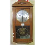 Mid 20th Century Kieninger three train wall clock with silvered face, key and pendulum. (B.P.