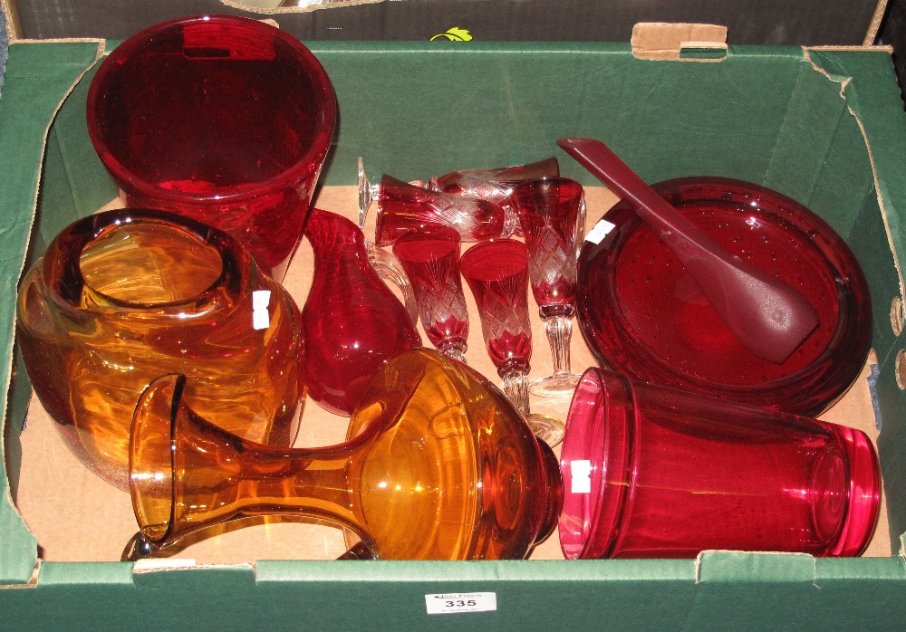 Tray of assorted glass to include: ruby flash cut drinking vessels; Art Glass vases; ashtray etc.