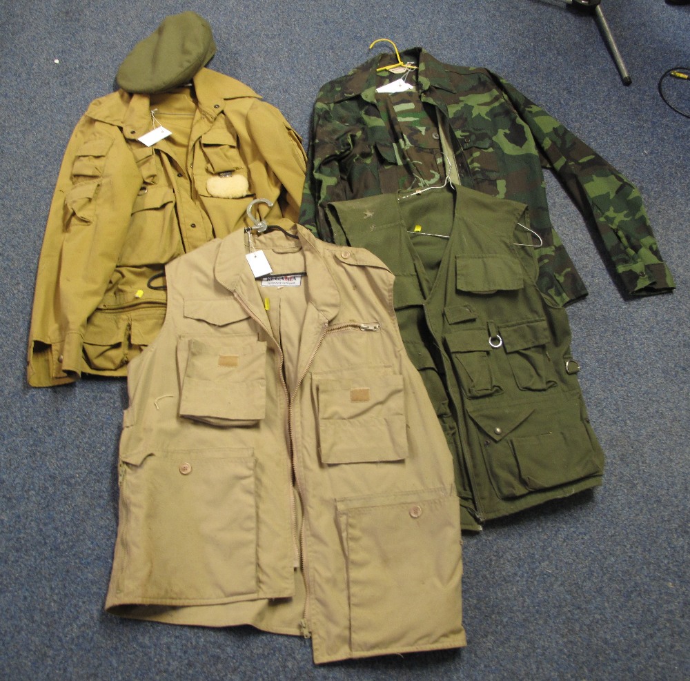 Army style camouflage jacket and trousers, khaki fishing coat,
