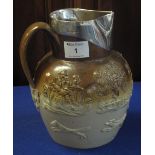 Stoneware two-tone jug depicting topers, hounds and horses, with silver mounted rim,