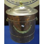 Early 20th Century copper and brass twin handled coal or log bin with cover. (B.P. 24% incl.