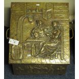 Brass twin handled repousse log box depicting interior scene. (B.P. 24% incl.