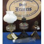 Group of three early 20th Century oil lamps with two clear funnels and one opaque shade. (4) (B.P.