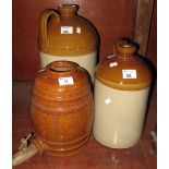 Three stoneware items to include: two two-tone flagons and a spirit barrel. (3) (B.P. 24% incl.