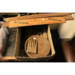 Small box of assorted treen items including cawl spoons, wooden bowls, comb etc.